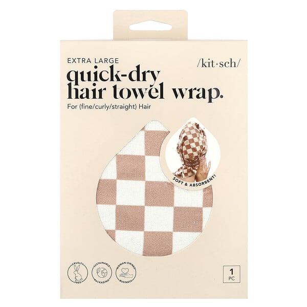 Kitsch Quick-Dry Hair Towel Wrap Extra Large Terracotta Checker — 1 count